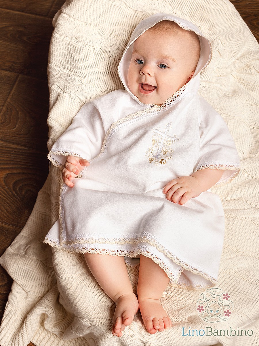 Детская крестильная рубашка "Бежевый лучик" с капюшоном фото 7