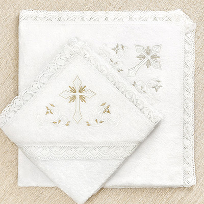 Кружевное полотенце для крещения "Крест с орнаментом" - миниатюра фотографии товара в каталоге ЛиноБамбино