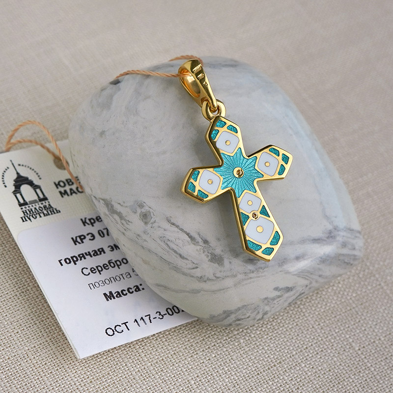 Позолоченный крестик КРЭ07 бирюзовая эмаль фото 2