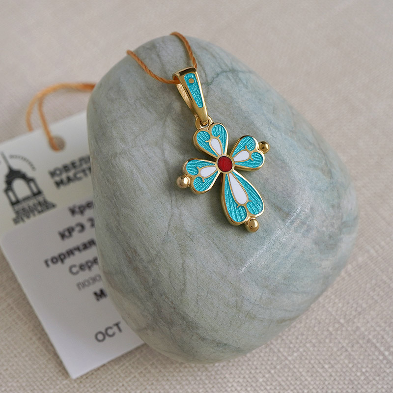 Позолоченный крестик КРЭ24 бирюзовая эмаль фото 1