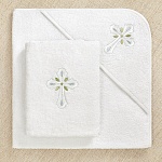 Махровое крестильное полотенце с уголком "Крест с листочками"